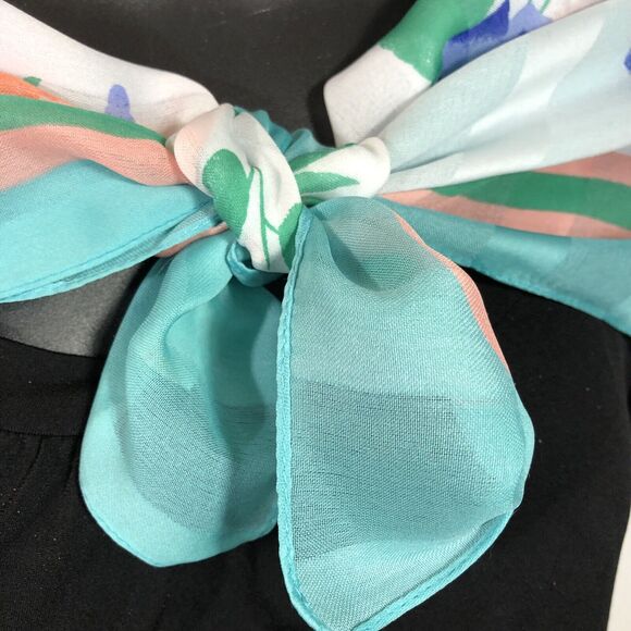 Floral Coquette Scarf Blue Peach 30" Square Striped Bow Retro Italy Vintage - Picture 9 of 10